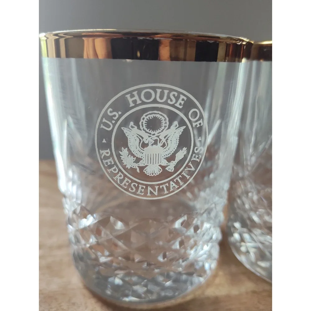 Set of 2 US House of Representatives Crystal Lowball Glasses Gold Rim Rocks Glas